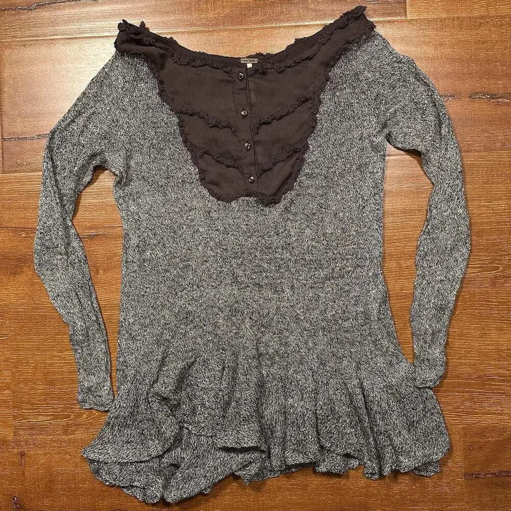 Free People Top Womens S/M Gray 100% Linen Long Sleeve Y2K Bella Swan Babydoll